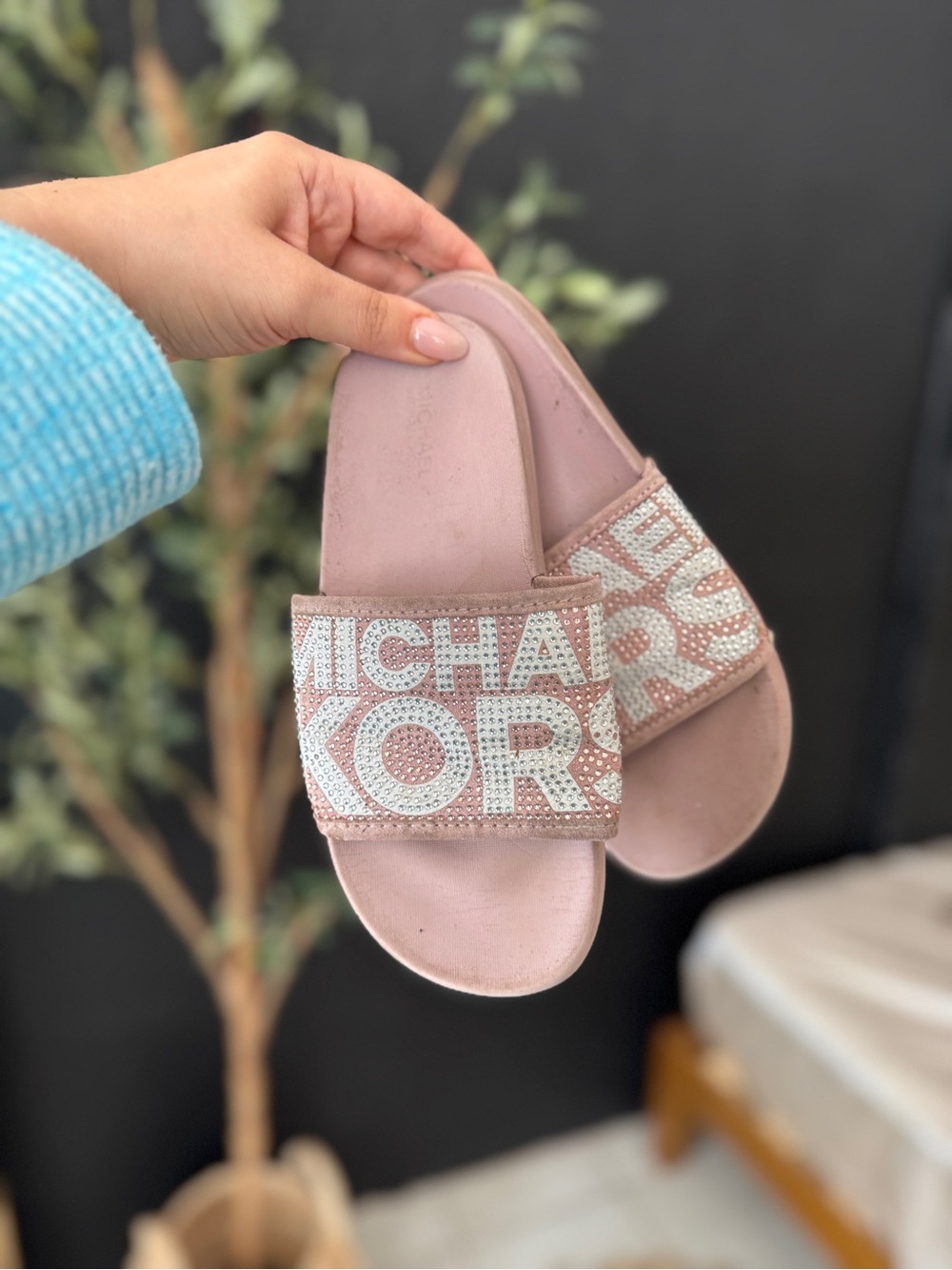 Michael Kors Blush Pink Crystal Logo Slide Sandals